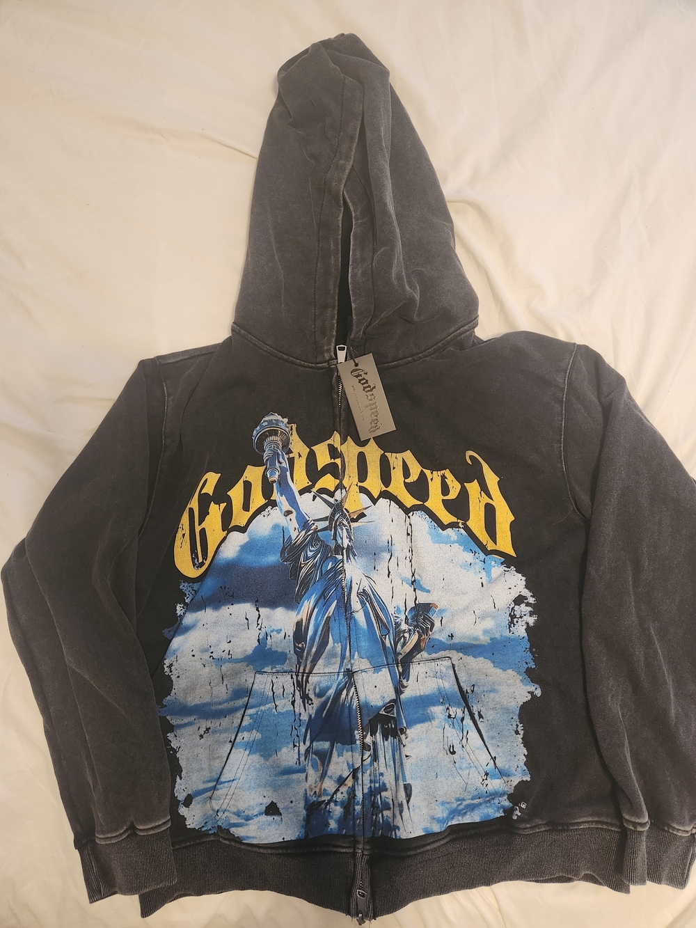 GODSPEED Men’s Black Zip-Up Hoodie with Blue & Yellow Graphic